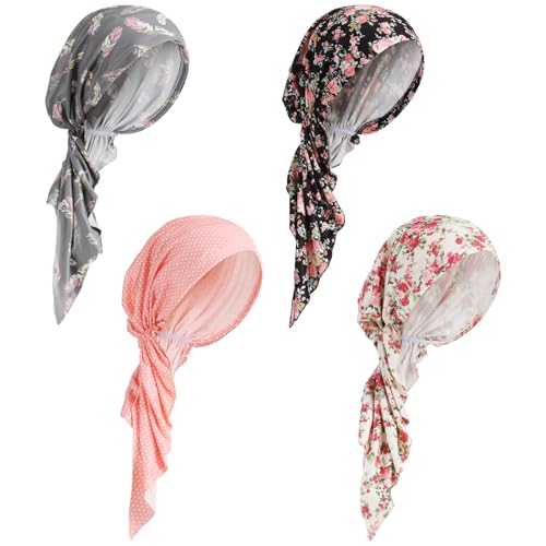 Image of Halfchet 4 Pcs Chemo Headwear for Women Pre Tied Cancer Caps Head Scarf Turbans for Women Patients Gifts
