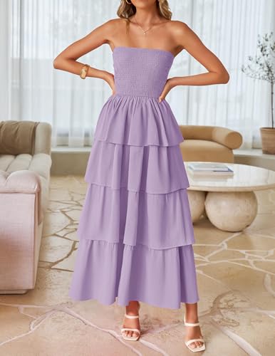 Image of ZESICA Women's Summer Boho Strapless Maxi Dress 2026 Casual Sleeveless Off Shoulder Smocked Tiered Beach Long Sundress