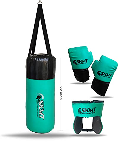 Image of SKMT Never Lose Until You Win Kids Boxing Kit with Filled Punching Bag, Gloves and Headgear, Age 7-13 Years (C Green)