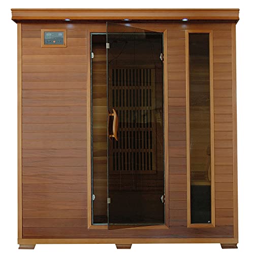 HeatWave SA1318 Klondike 4 Person Cedar Infrared Sauna with 7 Carbon Heaters Bronze Tinted Tempered Glass Door Oxygen Ionizer EZTouch Cortrol Panel CHROMOTHERAPY System and Sound