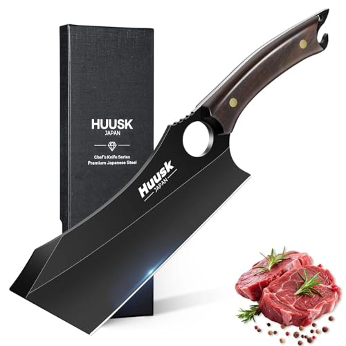 Huusk Meat Cleaver, 6.7 Inch Professional Cleaver Chef Knife with Anti-rust Titanium Coating, Ultra Sharp Vegetable Chopping Knives for Home Kitchen and Restaurant