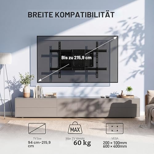 PERLESMITH TV zidni nosač, za TV od 37-85 inča do 60 kg, zakretni nagibni TV nosač 55 65 inča, TV zidni nosač Maks. VESA 600x400 mm