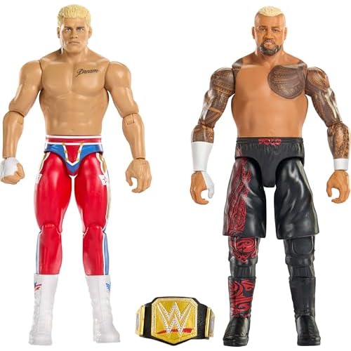 Mattel WWE Hauptkampf Showdown Actionfiguren im 2er-Pack mit Zubehör, Serie #24 Cody Rhodes gegen Solo Sikoa, Sammelfigur-Set, ca. 15 cm groß, JHJ54, [Mehrfarbig]
