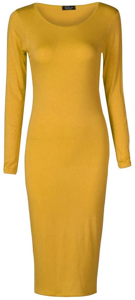 Crazy Girls Girls Mustard Crazy Womens Plain Long Sleeve Scoop Neck Stretch Bodycon Maxi Midi Dress (Xxl-Uk20-22, )