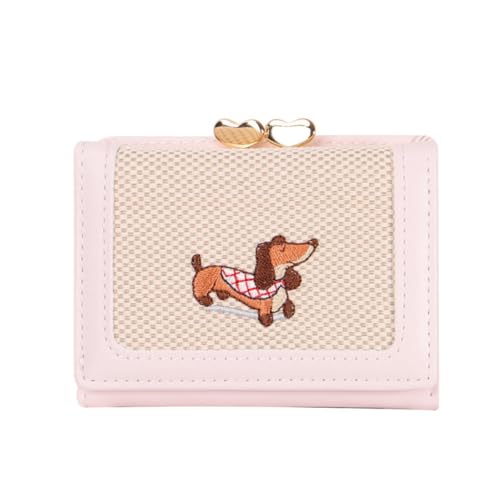 Women Embroidered Dachshund Short Wallet, PU Leather Lovely Cartoon Change Purse, Multi-Card Slots & Coin Pocket for Holder (Pink)