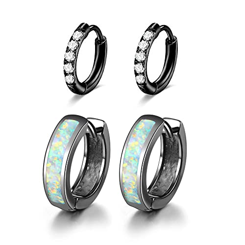 CiNily 2 Pairs Black Gold Plated CZ White Opal Hoop Earrings Sets for Women