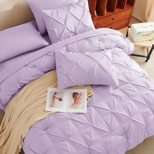 CozyLux Queen Comforter Set Lavender, 7 Pieces Pintuck Bed in A Bag, Premium Light Purple Comforter Queen Size, Pinch Pleat Bedding Sets with Comforter, Sheets, Pillowcases & Shams