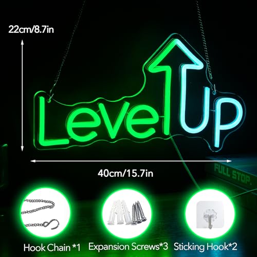 Image of Level UP Neon Sign, Neon Sign For Wall Decor, Game Room Game Zone LED Neon Light Wall Art Decor Home Bedroom Gaming Room Decoration Party Personalized For Gamer (15.7 x 8.7 in)