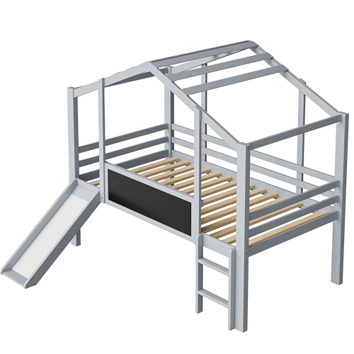 Merax Kinderbett 90×200 cm, Hochbett aus Massivholz, im Haus-Design mit Rutsche, Graffiti-Tafel, Multifunktionsbett, Einzelbett, platzsparendes Spielbett für Kinderzimmer, Grau (ohne Matratze)