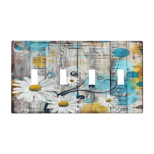BHGAHD Decorative Switch Plate Cover with White Daisies on a Grey Wooden Board Design 4 Gang Artistic Wall Plate Unique Quad Toggle Light Switch Covers Faceplate for Bedroom Home Decor