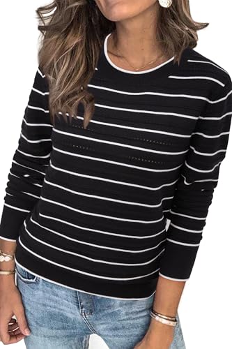 Arach&Cloz Womens Fall Tops 2025 Striped Sweater Fashion Crew Neck Long Sleeve Outfits Trendy Casual Pullover Black and White