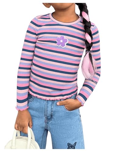 WDIRARA Toddler Girl's Striped Long Sleeve T Shirt Floral Patched Crewneck Tee Top