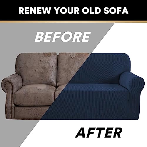 Stretch Sofa Slipcover 1 Piece Sofa Cover For 2 Cushion Couch Furniture Protector/Cover Couch With Elastic Bottom Soft And Durable Sofa Cover Pet Protector (Loveseat, Navy) #TOP4