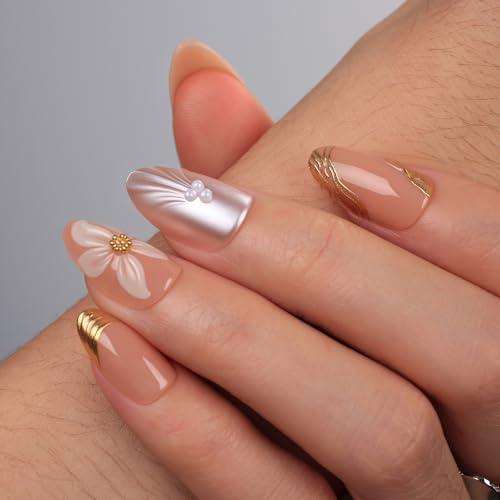 Short Press On Nails Almond – 3D Floral & Pearl Accent Nude Pink ...