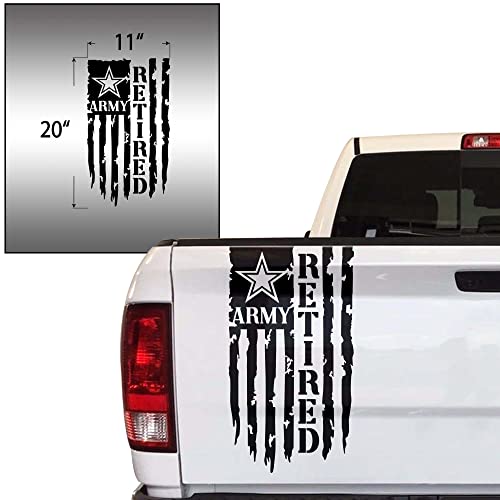 Retired Army Veteran Distressed American Usa Us Flag Truck Tailgate Vinyl Decal Compatible With Most Pickup Trucks - U.s. Army Sticker Usaf Usmc Us Navy Decal (11" X 20", Black) #TOP1