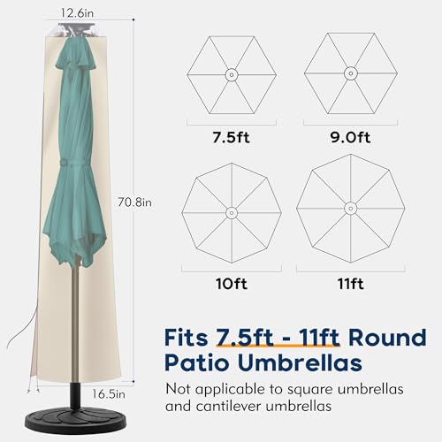uHousDeco Patio Umbrella Cover - Outdoor Umbrella Cover for 7.5ft 8ft 9ft 10ft 11ft Waterproof 420D Oxford Folding Rod (Beige)