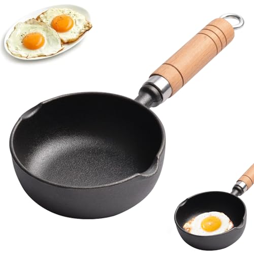 RANJIMA Sartén pequeña de hierro fundido para huevos fritos, 11 cm, mini sartén de hierro fundido con asa, sartén portátil de hierro fundido, sartén pequeña para tortillas, sartén de hierro fundido