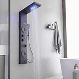 BATHLAVISH 6 in 1 Shower Panel Tower System, Rainfall Shower Panels Set w/LED and Digital Display Stainless Steel Shower Tower with Waterfall Tub Spout 2-Type Massage Jets Handheld Head Matte Black