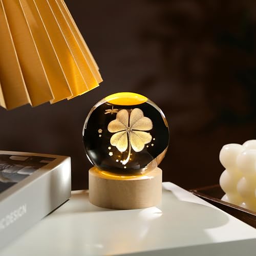 Image of 3D Crystal Ball Clover Gifts for Women Men - Clover Statue Paperweight Birthday Irish Gifts for Best Friend Daughter Keepsake Paperweight - Plants Figurines Statues Home Decor