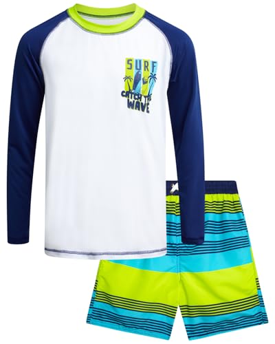 Image of Quad Seven Boys 2-Piece Rash Guard Swimsuit Set Short-Sleeve (Sizes 5-12) | Lightweight Quick-Dry Fabric with Sun Protection, Matching Top & Trunks, Adjustable Drawstring Waist for Pool or Beach Days