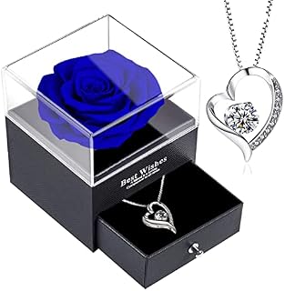 Forever Blue Rose Gift Box with Necklace-Real Eternal Rose with 925 Sterling Silver Women Necklace Inside,Enchanted Real Rose Flower for Mother's Day Anniversary Wedding Romantic Gifts for Her.