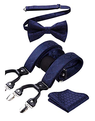 HISDERN Tirantes Hombres Tartán Azul Marino en Forma de Y con 6 Clips Conjunto de Tirante y Pajaritas Ajustables para Hombre