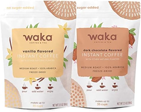 Waka Quality Instant Coffee — Unsweetened Vanilla and Dark Chocolate Flavored Instant Coffee Bundle — 100% Arabica Freeze Dried Beans — No Sugar Added & Unsweetened — 3.5 oz Bulk Bag