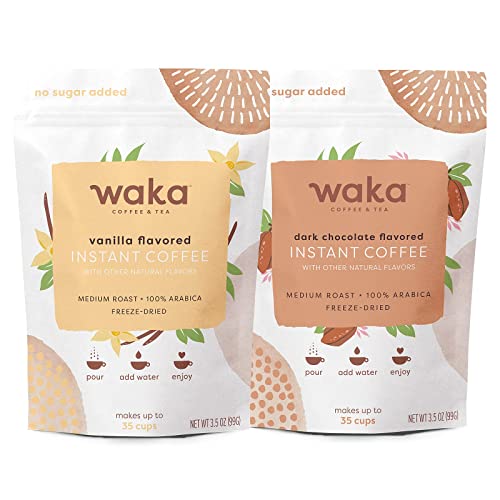 Waka Quality Instant Coffee — Unsweetened Vanilla and Dark Chocolate Flavored Instant Coffee Bundle — 100% Arabica Freeze Dried Beans — No Sugar Added & Unsweetened — 3.5 oz Bulk Bag