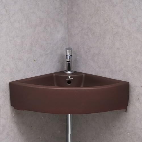 Image of REMANENCE Ceramic Wall Hung Corner Wash Basin for Bathroom | Wall Mounted Corner Sink (20.4 x 15 x 6 Inch) (Brown)