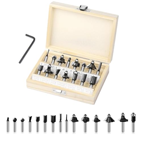 Losxuido 15 Stück Fräser für Oberfräse 6mm Schaft Oberfräse Fräser set Nutfräser Profilfräser Oberfräser Set mit Holzkoffer für Holzbearbeitung (6mm schwarz)