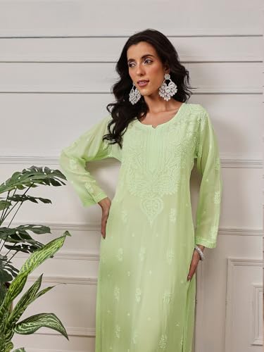 Image of Ada Hand Embroidered Lucknowi Chikankari Viscose Georgette Kurta Kurti for Women A411185