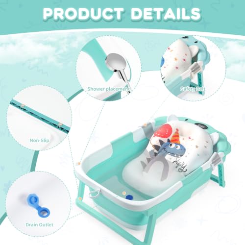 Image of Baby Bathtub Collapsible with Thermometer & Cushion, Portable Travel Tub
