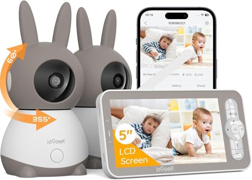 ieGeek 2K WiFi Baby Monitor with Two Cameras, Phone App & 5" Split-Screen Control, Smart Video Camera, Night Vision, Automatic Tracking, PTZ, Crying Detection, Temperature/Humidity Sensor, Baby Gift