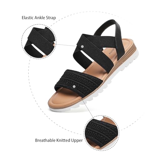 Image of Saidoteto Women's Flat Sandals,Comfortable Elastic Ankle Strap Slingback Slip-On Open Toe Low Wedge Walking Sandals for Summer & Casual