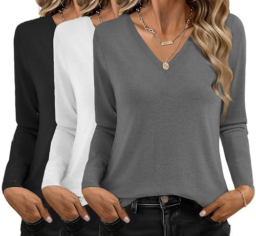 Ekouaer 3 Pack Long Sleeve Shirts for Women V Neck T Shirt Fall Casual Tops Basic Thermal T-Shirts Undershirts Tees 2025 Black/White/Gray Large