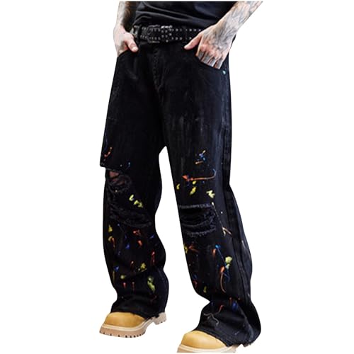 Men's Hip Hop Baggy Jeans, Fashion Distressed Wide Leg Denim Pants Streetwear Fashion Y2K Clothes with Pockets