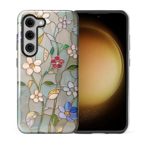 Wqwaxxc Compatible with Samsung Galaxy S23 Case,Glossy 2-in-1 Sleek All-Inclusive Dual-Layer Material Soft TPU + PC Back for Spring Floral Flower Stained Glass Mosaic Boho Botanical - image 1