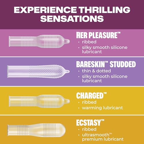 Image of Trojan Pleasure Pack, Assorted Latex Lubricated Condoms for Men, Her Pleasure, Bareskin Studded, Ecstasy & Charged Varieties, Condom Variety Pack 36 Count