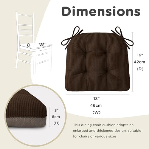 Image of AddGrace Dining Chair Cushions Set of 2 Non-Slip 18 inchx16 inchx3 inch Brown | with Ties, Textured Fabric, for Kithchen, Dining Room, Restaurant, Indoor Furniture, Wood Chairs, Long Meals, Soft, Comfy
