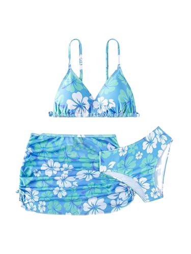 Milumia Biquíni feminino de 3 peças com alças finas e saída de praia, Azul floral, 11 Anos
