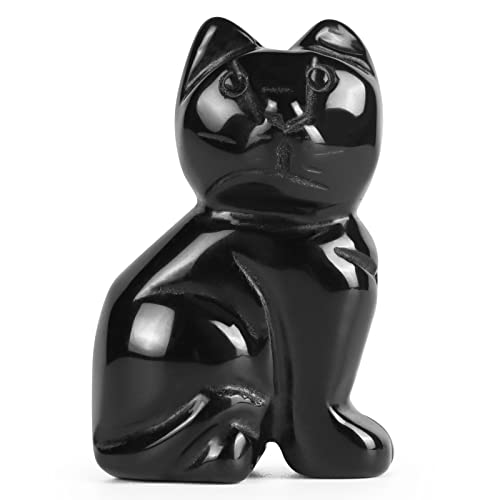 Artistone 2" Black Obsidian Crystal Cat Statue Hand Carved Healing Crystals Gemstone Cat Figurine Animals Crafts Home Decor (Gift Box) #TOP8