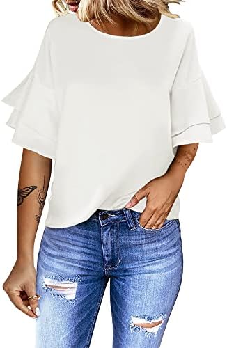 luvamia Women's Beige Casual 3/4 Tiered Bell Sleeve Crewneck Loose Tops Blouses Shirt Size XL
