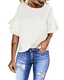 luvamia Women's Beige Casual 3/4 Tiered Bell Sleeve Crewneck Loose Tops Blouses Shirt Size M