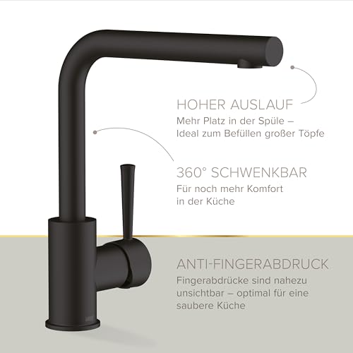 Lenz Küchenarmatur OLINA in Schwarz matt – mit hochwertiger Markenmischdüse und Markenkartusche – Anti-Fingerabdruck Oberfläche – 46031151