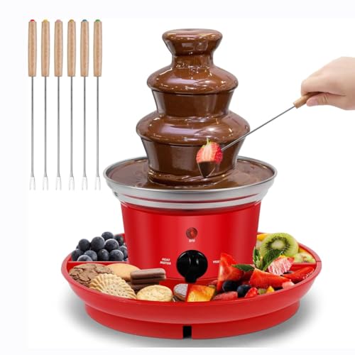 TVQUVMKE Red,MINI Chocolate Fondue Fountain, 3-Tier Electric Chocolate Fondue Fountain Stainless Steel with Fruit Plate for Birthday Party Wedding Celebration