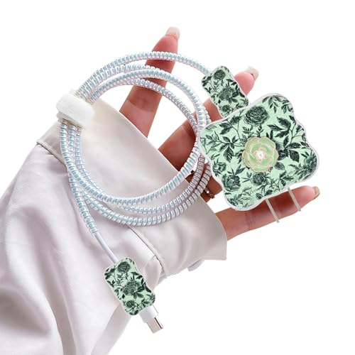 Wave DIY Cable Protector for iPhone 18W/20W Adapter, Green Camellia Flowers Leather Design Data Line Cable Wire Saver Phone Charging Protector for iPhone Charger