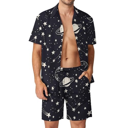 Chemise Hawaïenne Homme Planète Étoilée Noire avec Short Pantalon Plage