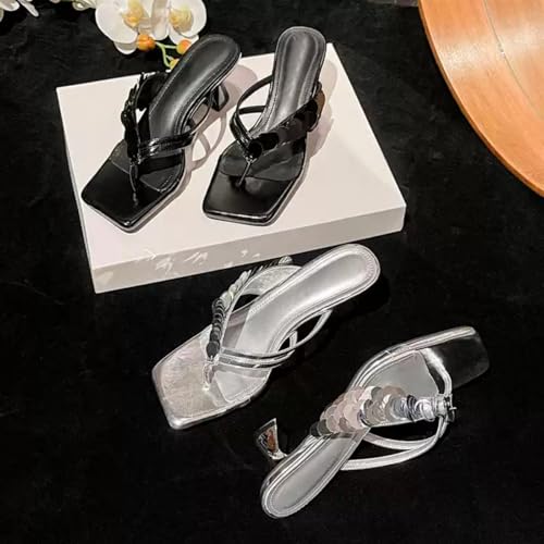 Image of Goolita Women's Suede Sequin Kitten Heels Flip Flops Open Square Toe Strappy Thong Slide Heeled Sandals Comfort Prom Party Mules Heels