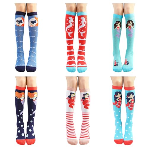 XEPST 6 Pairs Girls Knee High Socks - Colorful Cartoon Design Warm Cotton Knee Socks Mid-Calf Boot Socks Funny Socks for School Odd Socks Day 3-12 Years Girls - One Size, Mermaid