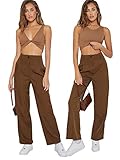 SweatyRocks Women's Twist Front Deep V Neck Sleeveless Ribbed Crop Cami Tank Top Brown S
